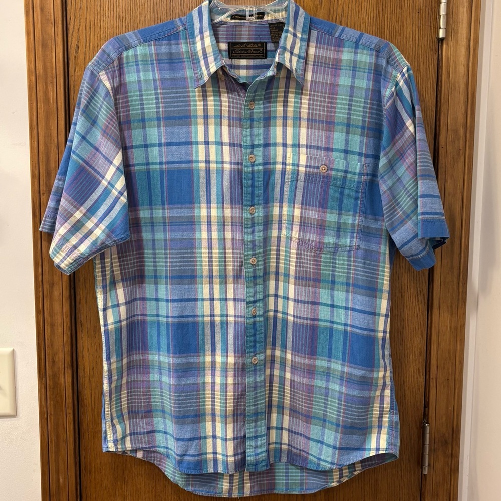 Vintage Eddie Bauer Superior Madras short sleeve button down, men's large